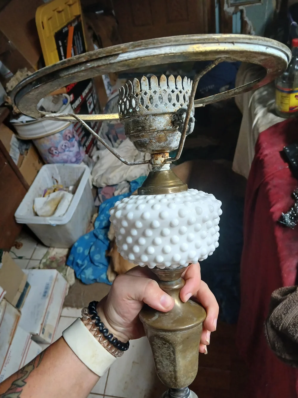 Antique White Milk Glass and Brass Lantern